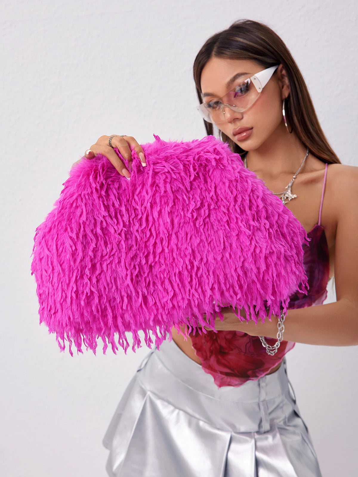Y2K Faux Fur Kiss Lock Clutch Bag Women's Large Capacity