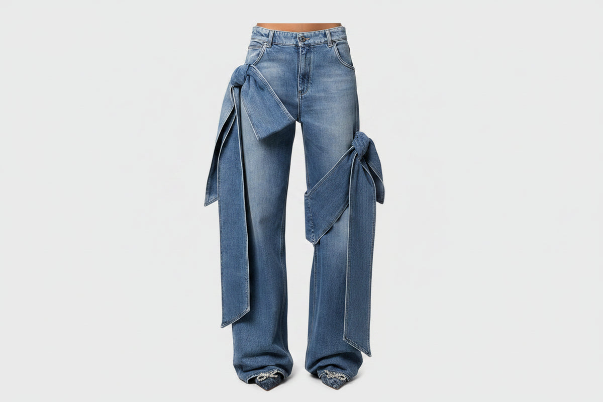 TWOTWINSTYLE High-Waisted Patchwork Lace-Up Jeans Straight Leg Blue