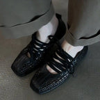 Women's Square Toe Mesh Ballet Flats Lace-Up Casual Sneakers