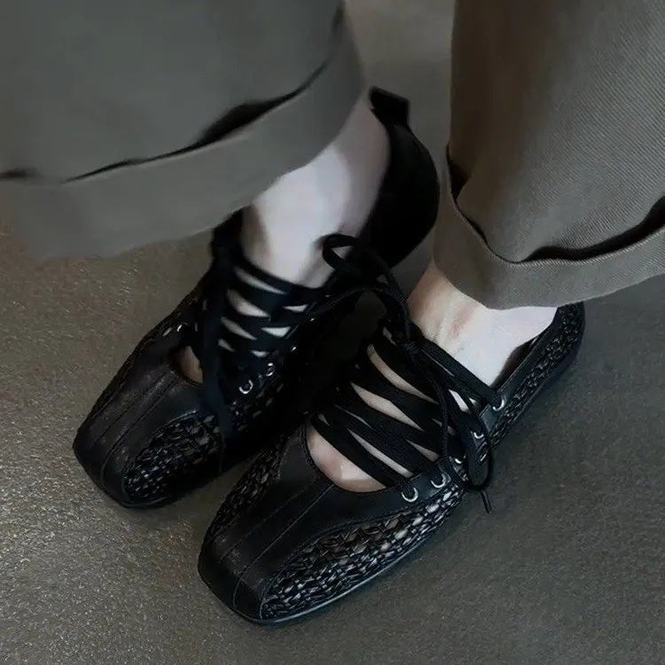 Women's Square Toe Mesh Ballet Flats Lace-Up Casual Sneakers