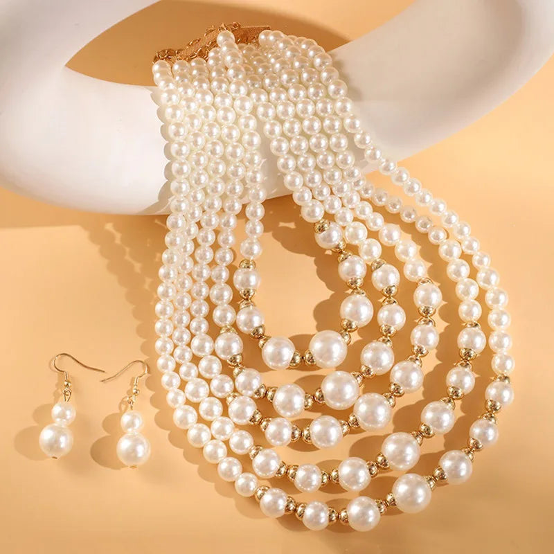 Simulated Pearl Multilayer Necklace and Earrings Jewelry Set