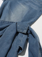 TWOTWINSTYLE High-Waisted Patchwork Lace-Up Jeans Straight Leg Blue