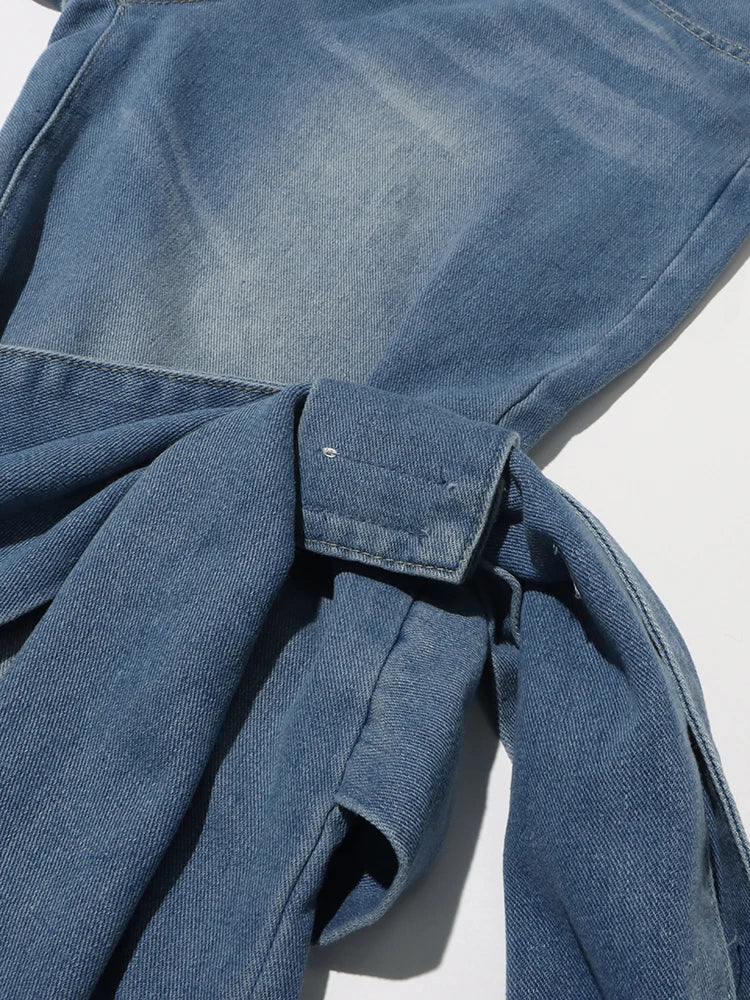TWOTWINSTYLE High-Waisted Patchwork Lace-Up Jeans Straight Leg Blue