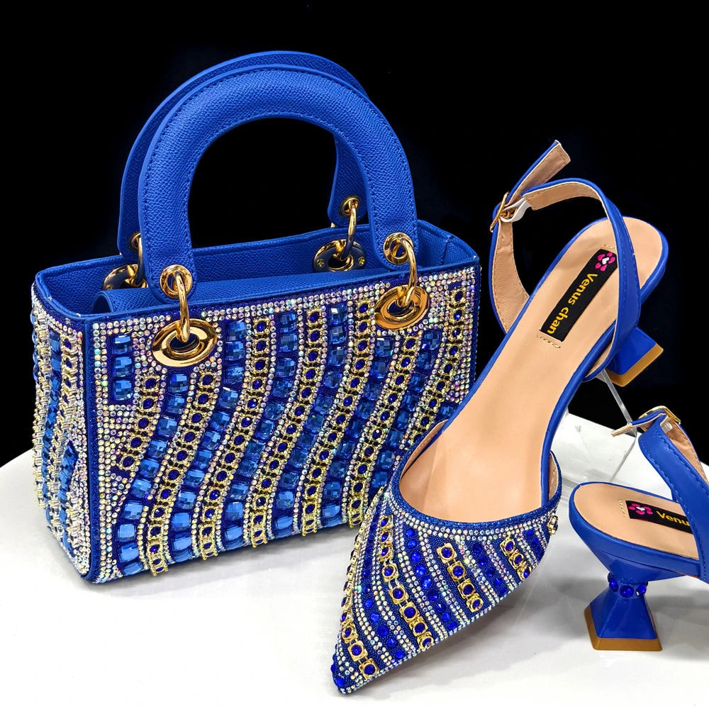 Women's Pointed Toe Rhinestone Heels and Handbag Set
