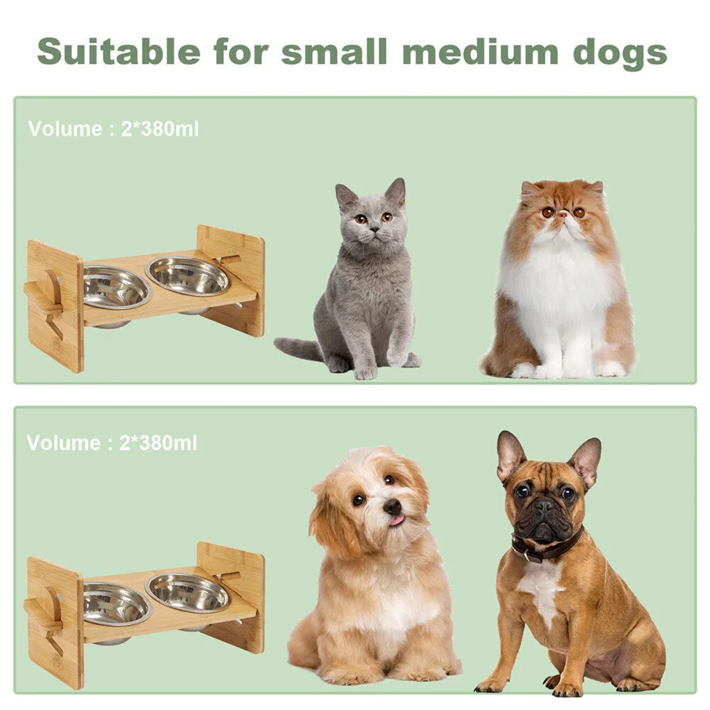 Adjustable Elevated Dog Bowls with 2 Stainless Steel Bowls and Bamboo Stand