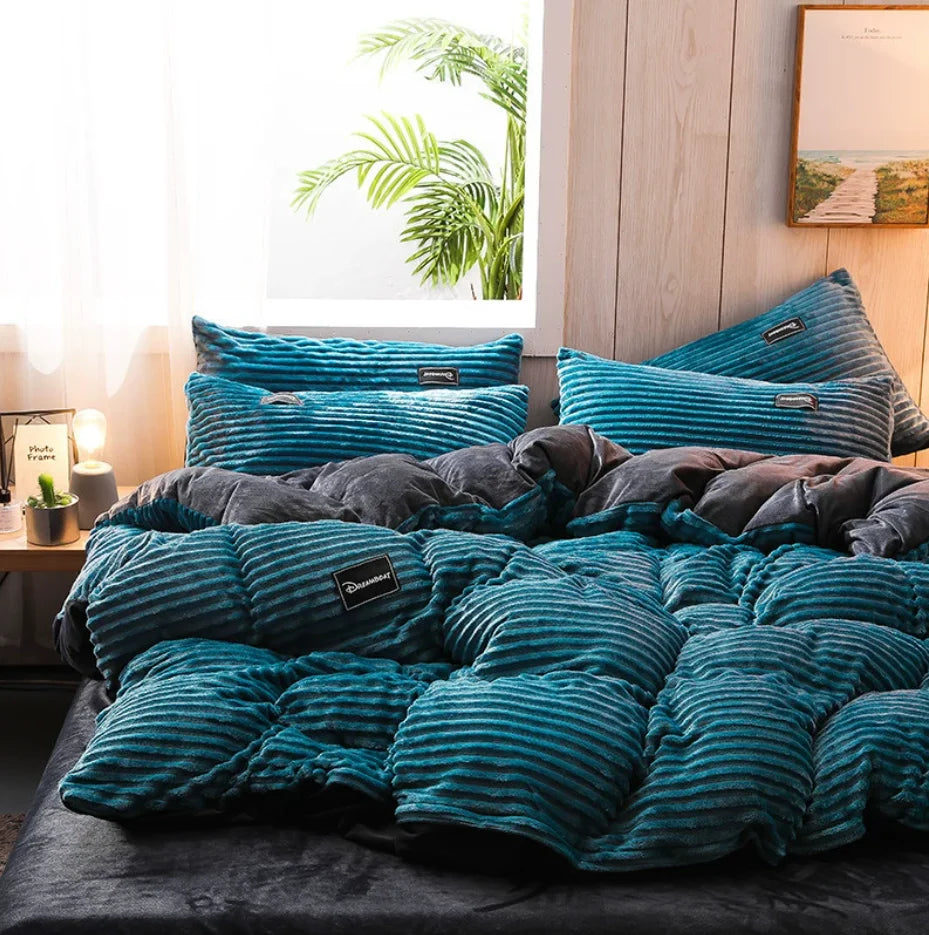 Warm Coral Fleece Duvet Cover and Plush Bedding Set