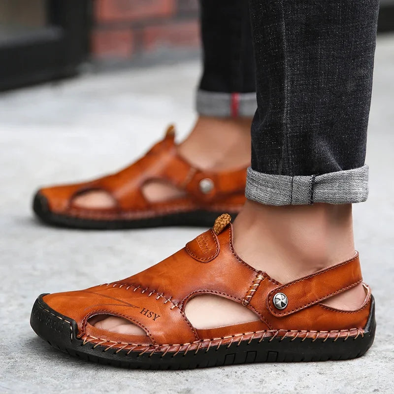 Yeinshaars Men's Casual Sandals Genuine Leather Non-Slip Flat Heel
