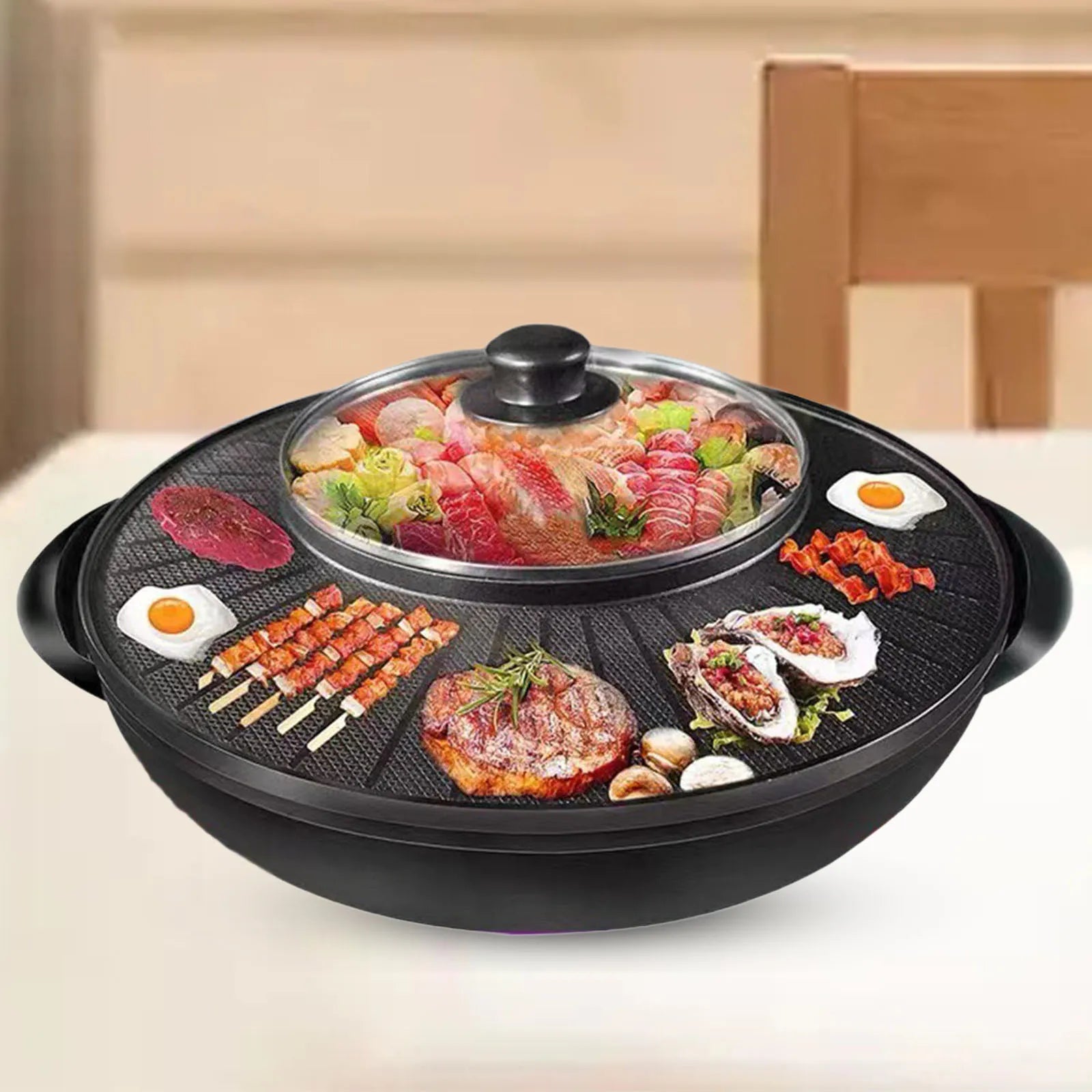Portable Round Non-Stick Electric Grill and Hot Pot Cookware