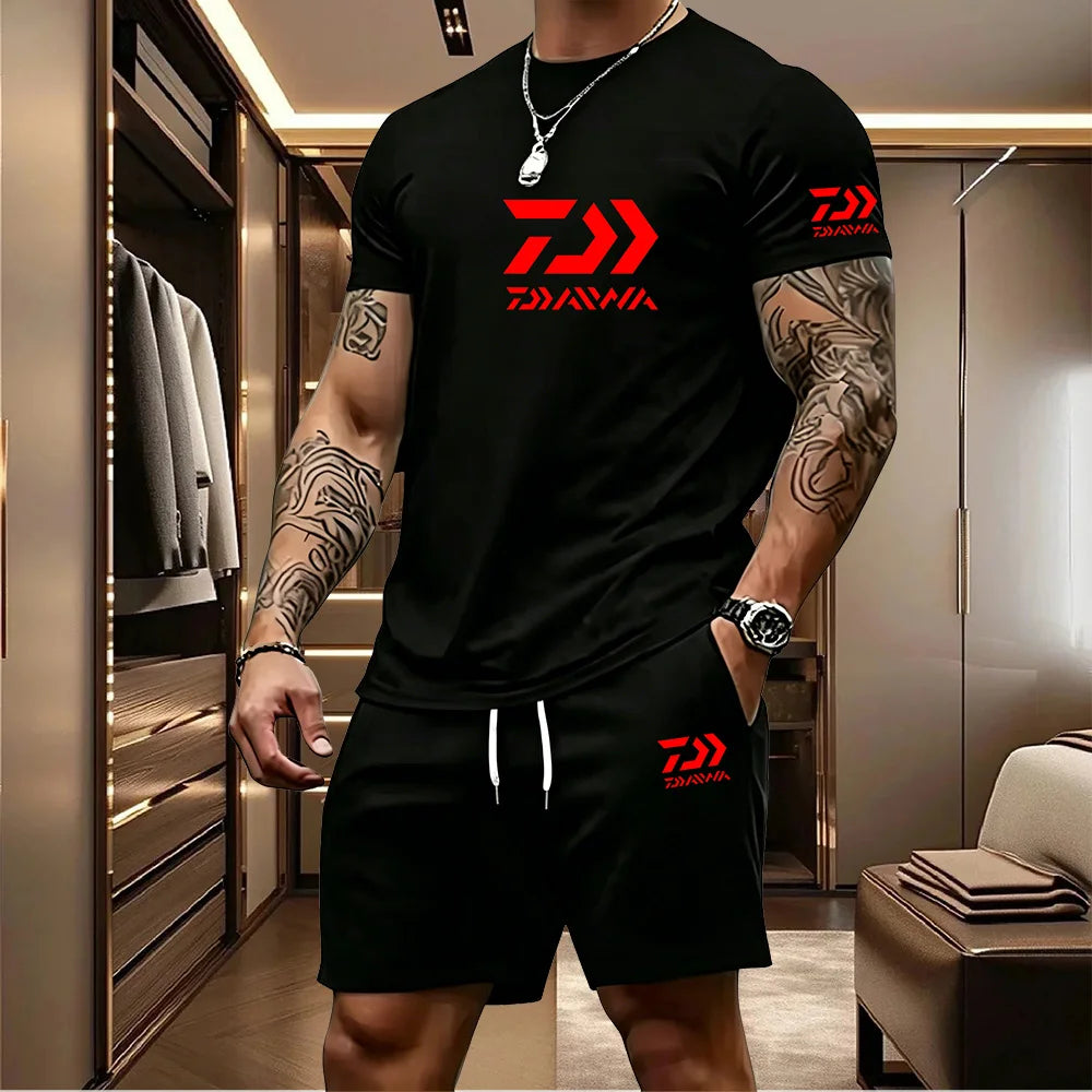 Men's Casual Round Neck T-Shirt and Drawstring Shorts Set