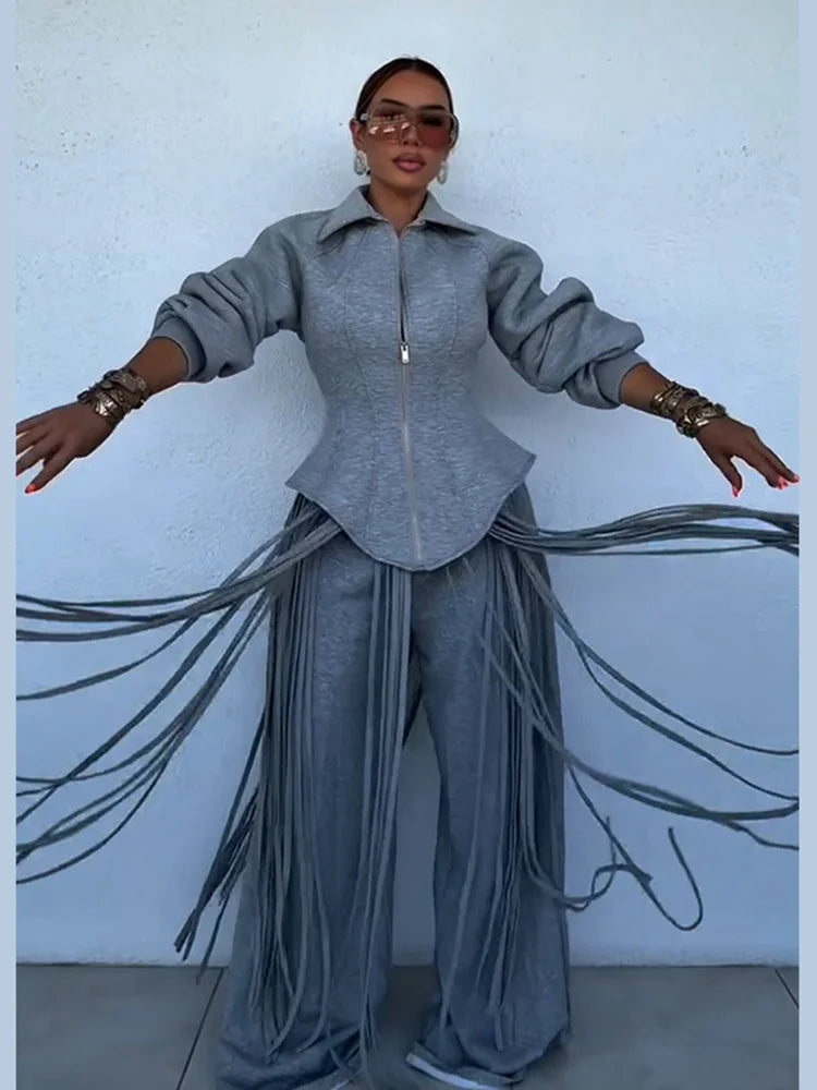 Women's Fringe Lapel Collar Zip Up Wide Leg Tracksuit Set