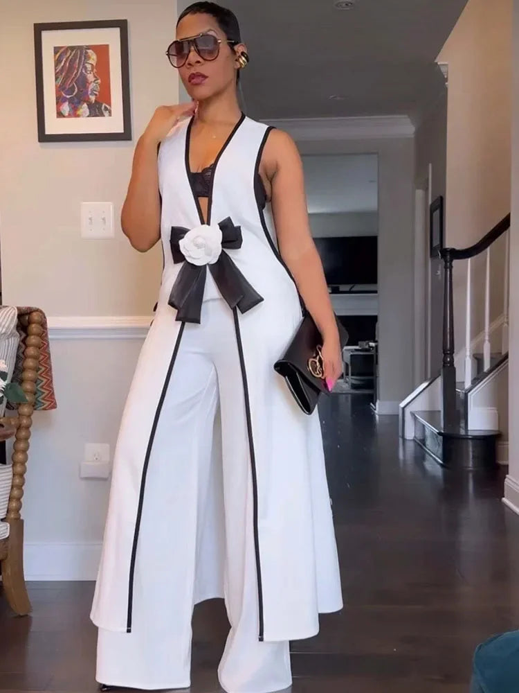 Women's Bow Applique Sleeveless Top Wide Leg Pants Set