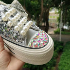 Women's Thick Sole Canvas Sneakers Crystal Pearl Studs Butterfly Knot