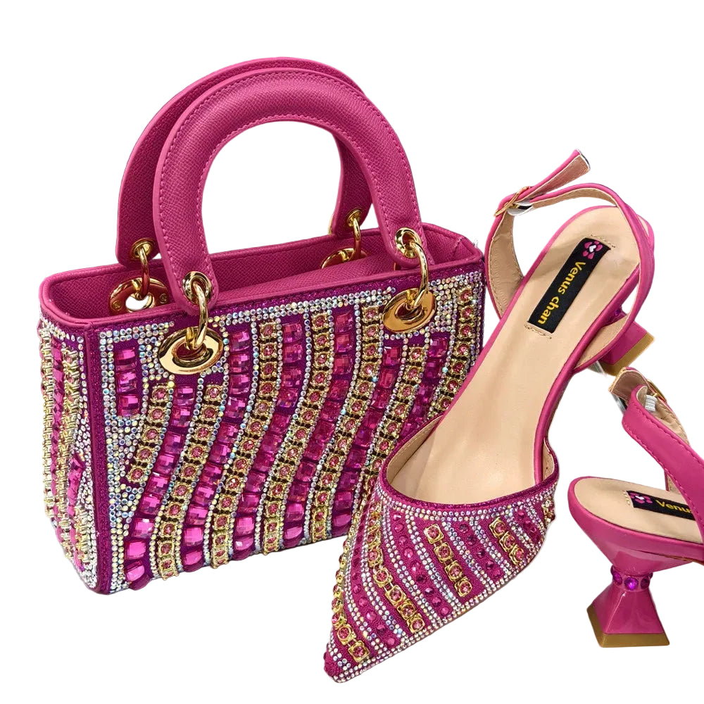 Women's Pointed Toe Rhinestone Heels and Handbag Set