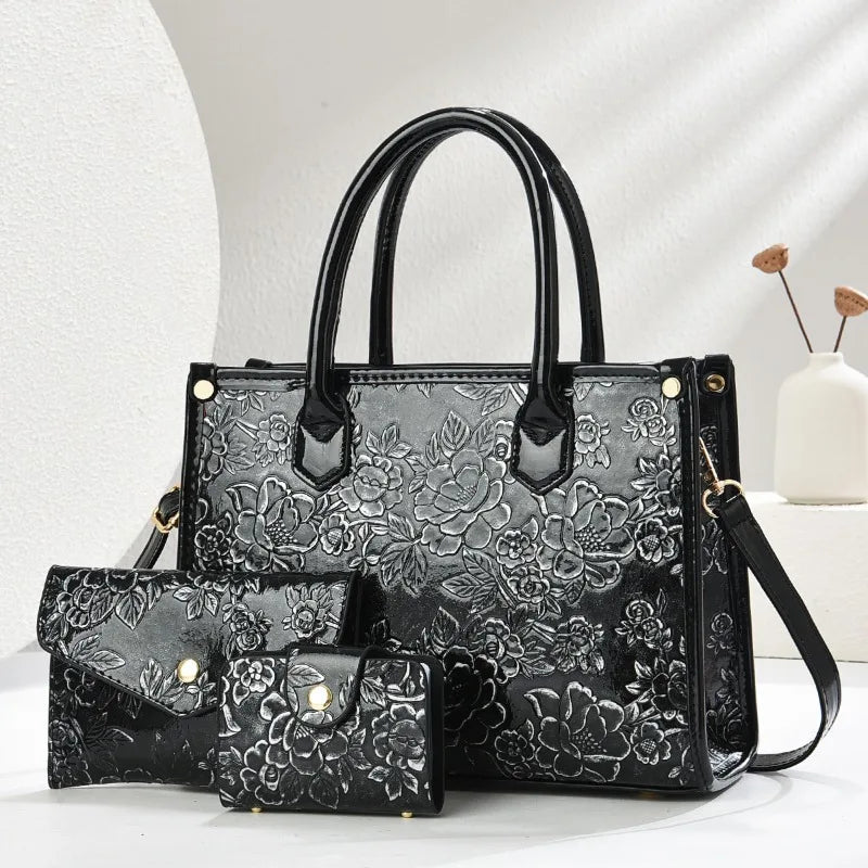 Women's Embossed Shoulder Bag and Crossbody Purse 3-Piece Set