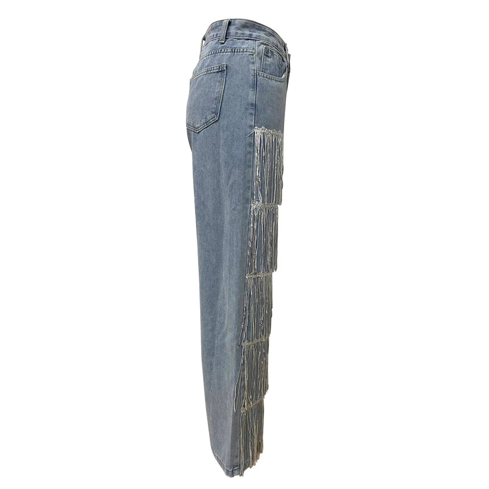 Women's High Waisted Straight Leg Jeans with Tassel and Sequin