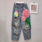 Women's 3D Flower Beaded Elastic High Waist Loose Jeans