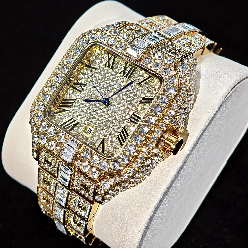 DITALING Men's Hip Hop Square Quartz Watch Stainless Steel 1.7in