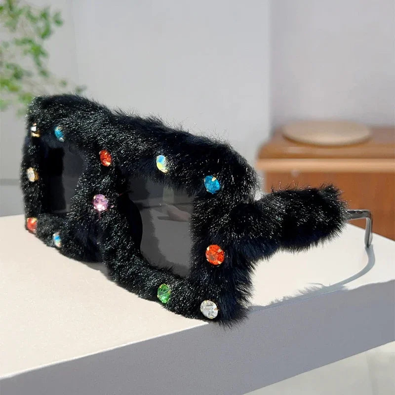 Women's Trendy Furry Rhinestone Square Oversized Sunglasses