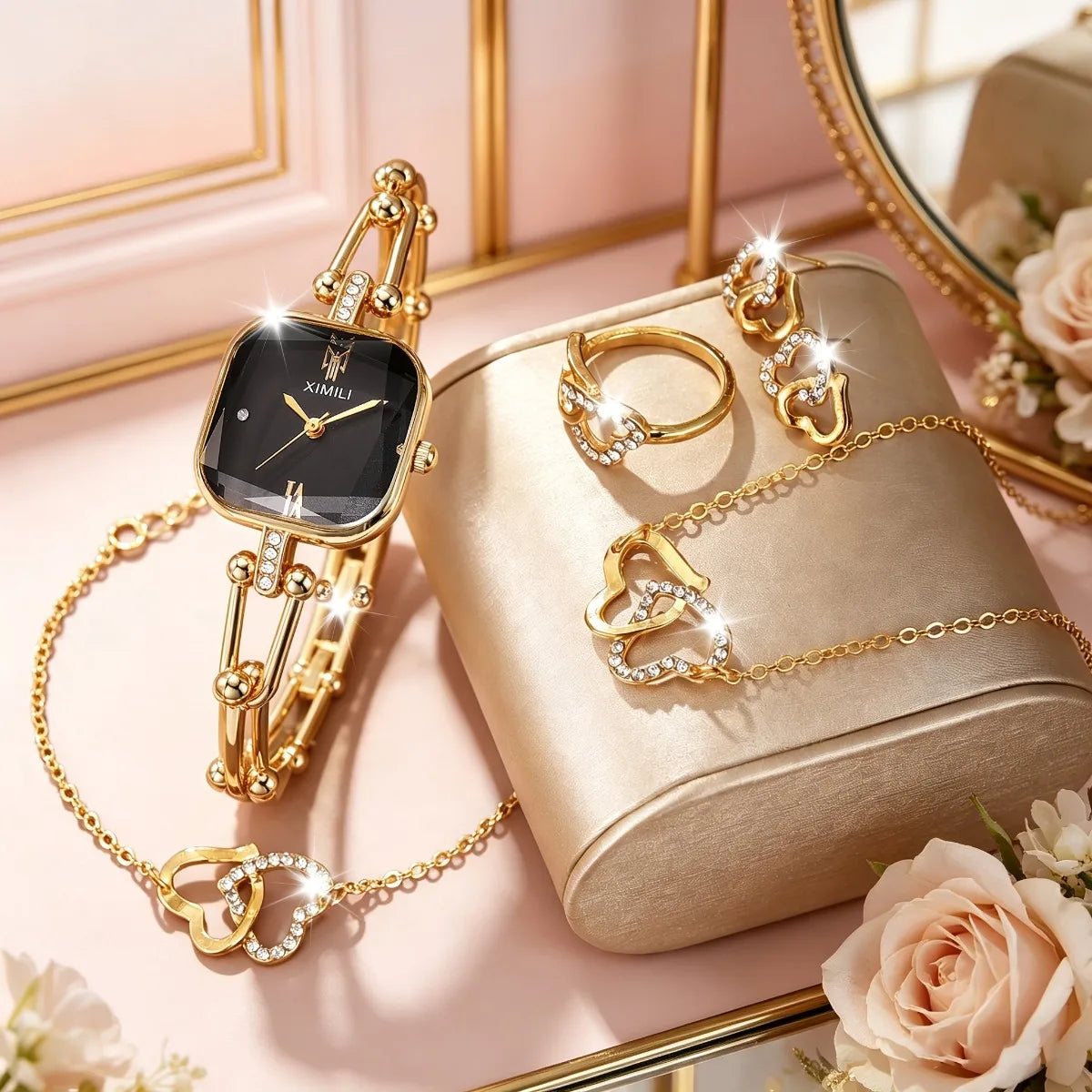 Square Women's Quartz Watch and Jewelry 6-Piece Set