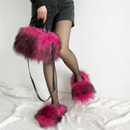 Women's Faux Fur Slides With Matching Shoulder Bag Set