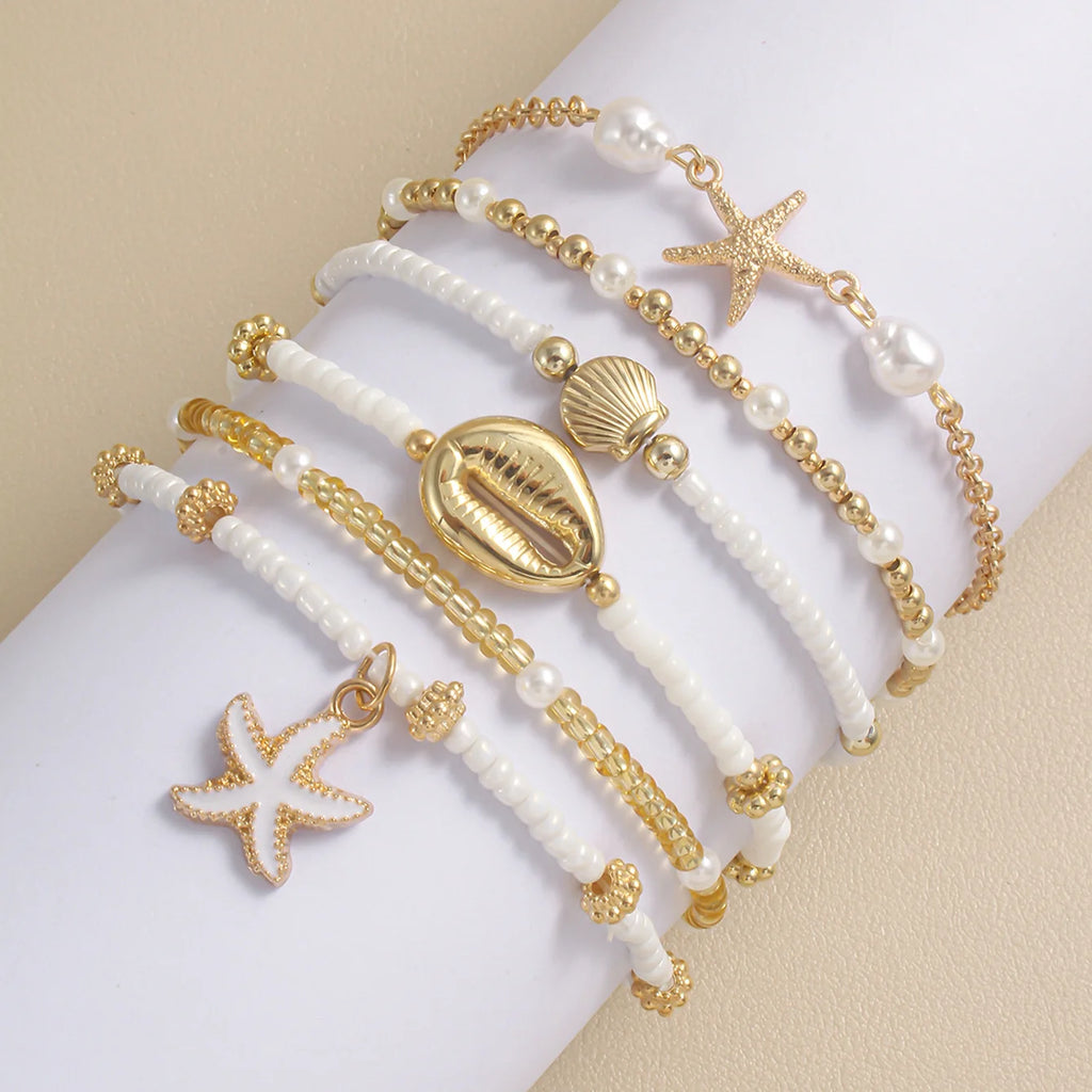 Women's Fashion Bohemian Shell Starfish Stacked Pearl Bead Bracelet Set