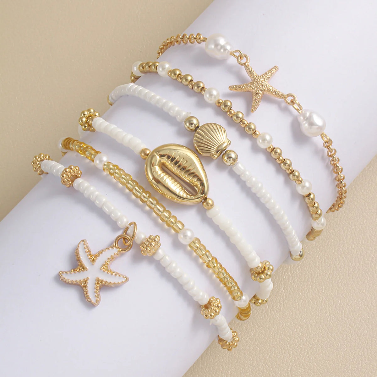 Women's Fashion Bohemian Shell Starfish Stacked Pearl Bead Bracelet Set
