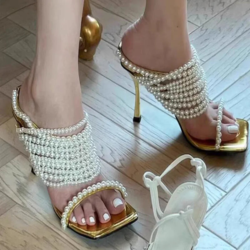Women's Pearl Beading Square Open Toe High Heel Mules