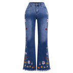 Women's High Stretch Flared Jeans with Embroidery Royal Blue