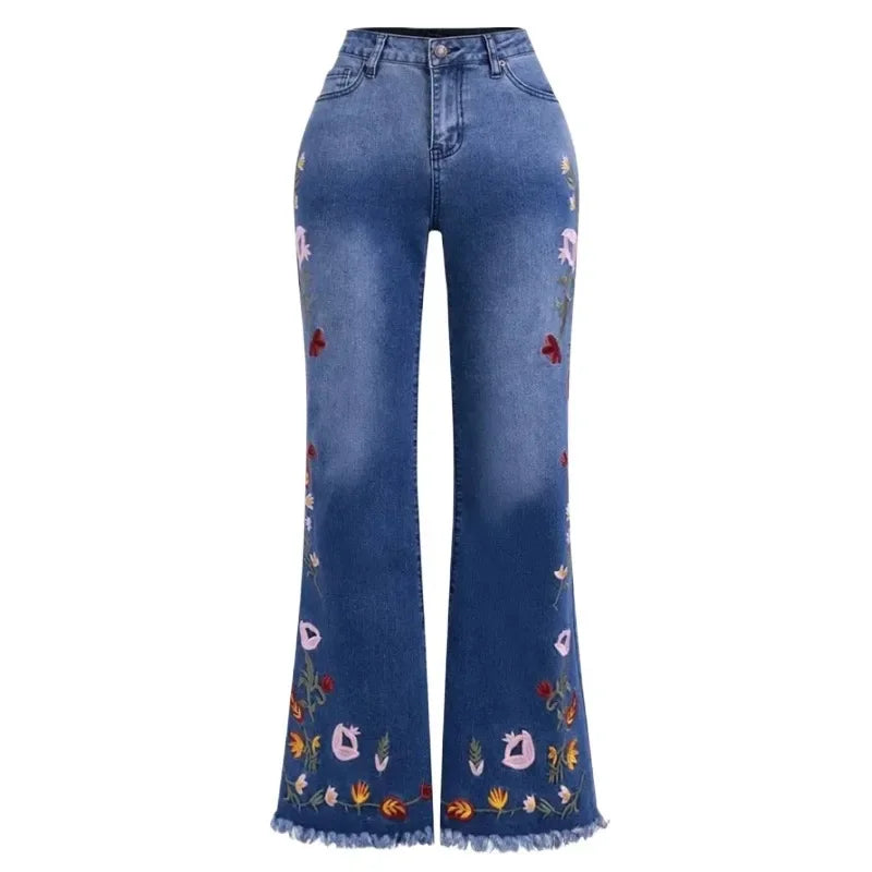 Women's High Stretch Flared Jeans with Embroidery Royal Blue