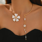 Women's Fashion Bohemian Enamel Flower Pearl Tassel Open Choker Necklace