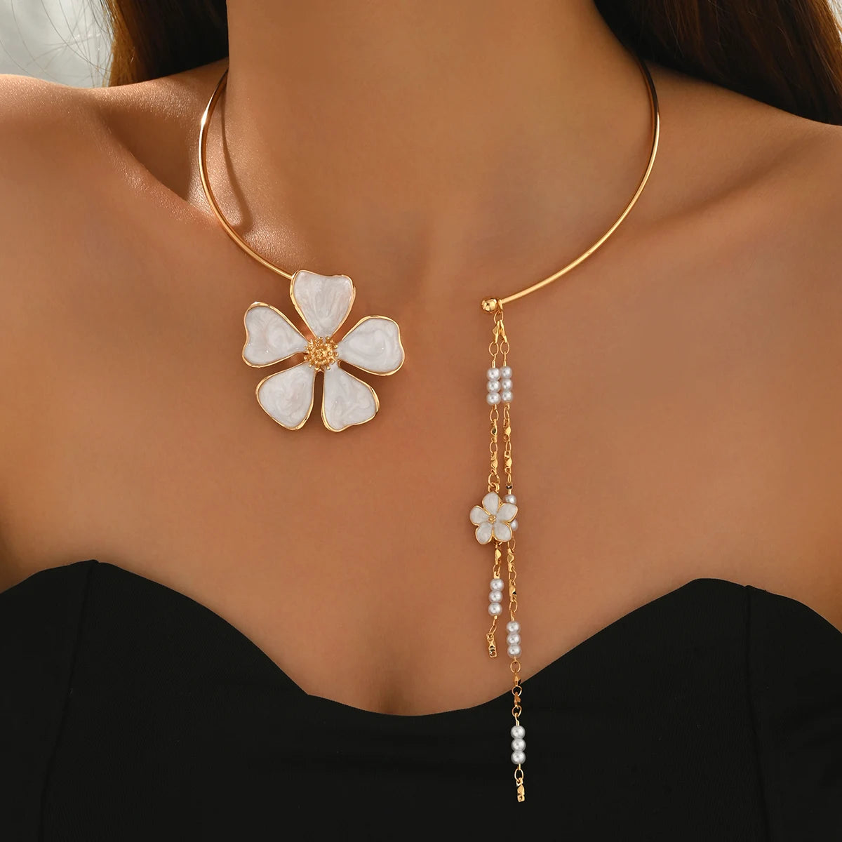 Women's Fashion Bohemian Enamel Flower Pearl Tassel Open Choker Necklace