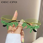 Rhinestone Rimless Sunglasses Women's Tear Drop Party Eyewear