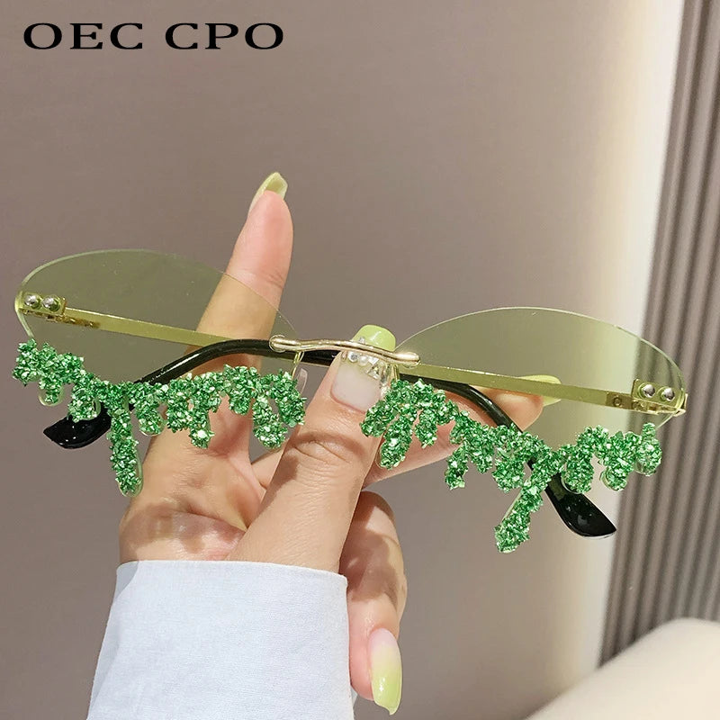 Rhinestone Rimless Sunglasses Women's Tear Drop Party Eyewear
