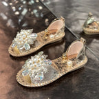 Women's Pearl Crystal Flower Flat Sandals Casual Open Toe
