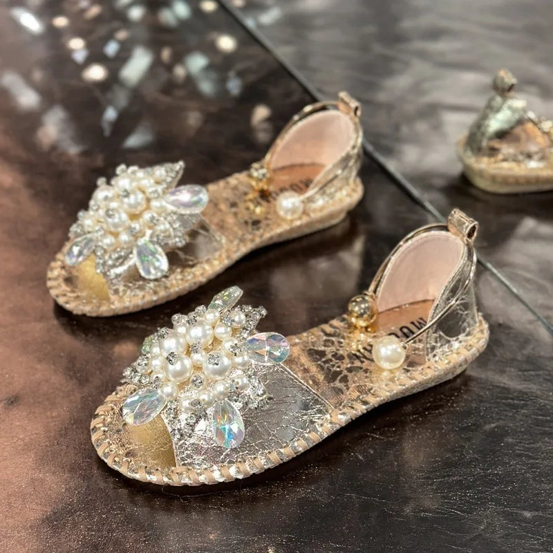 Women's Pearl Crystal Flower Flat Sandals Casual Open Toe