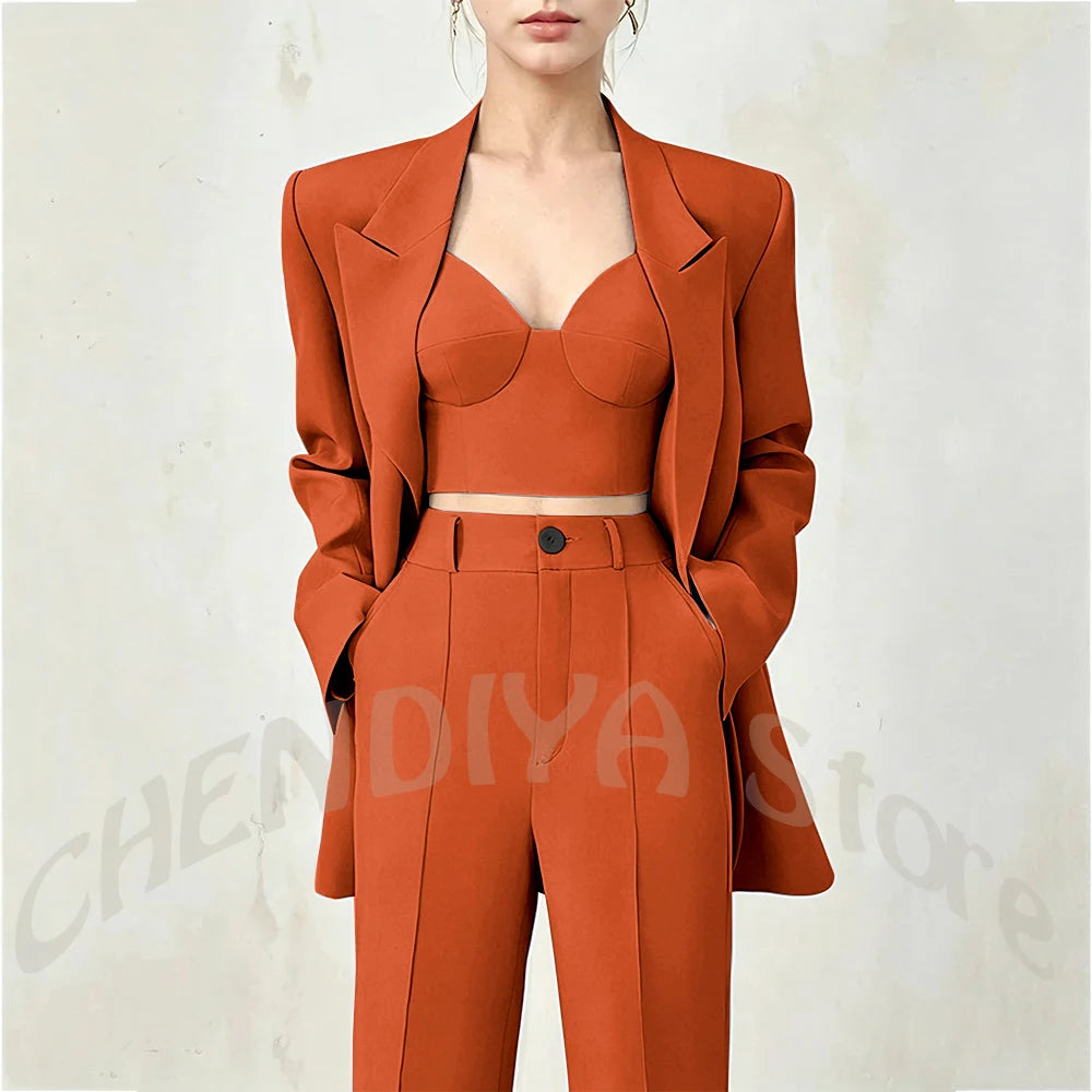 Women's Single Button Tailored Blazer and Pants Suit Set