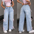 Women's Bowknot Washed Denim Loose Wide Leg Jeans