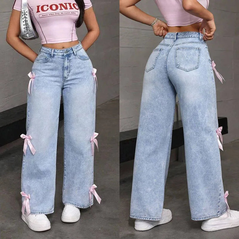 Women's Bowknot Washed Denim Loose Wide Leg Jeans