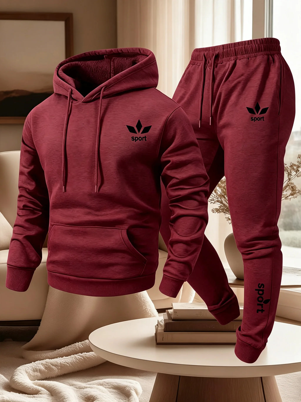 Men's Warm Fleece Lined Printed Hoodie and Jogger Pants Tracksuit Set