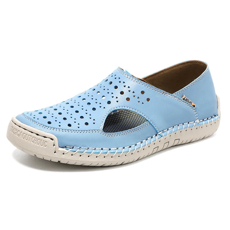 Hand-Sewn Leather Hollow-Out Sandals Unisex Casual Outdoor Walking Shoes