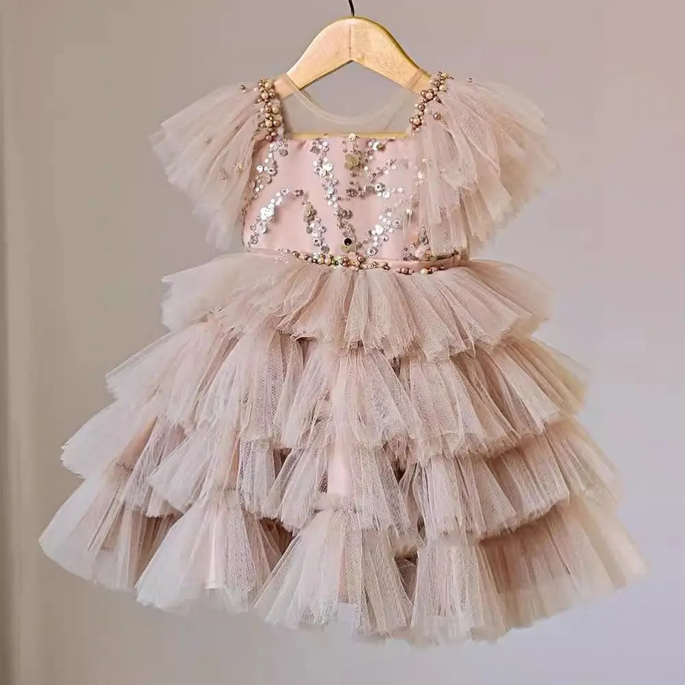 Girls' Sequined Fluffy Mesh Bow Princess Dress