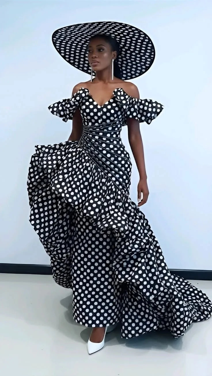 Women's Vintage Polka Dot Lace Up Formal Maxi Dress