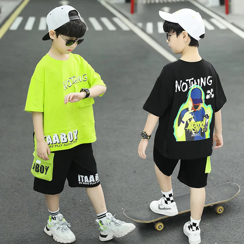 Boys Summer Letter Print Short Sleeve T-Shirt and Shorts Set