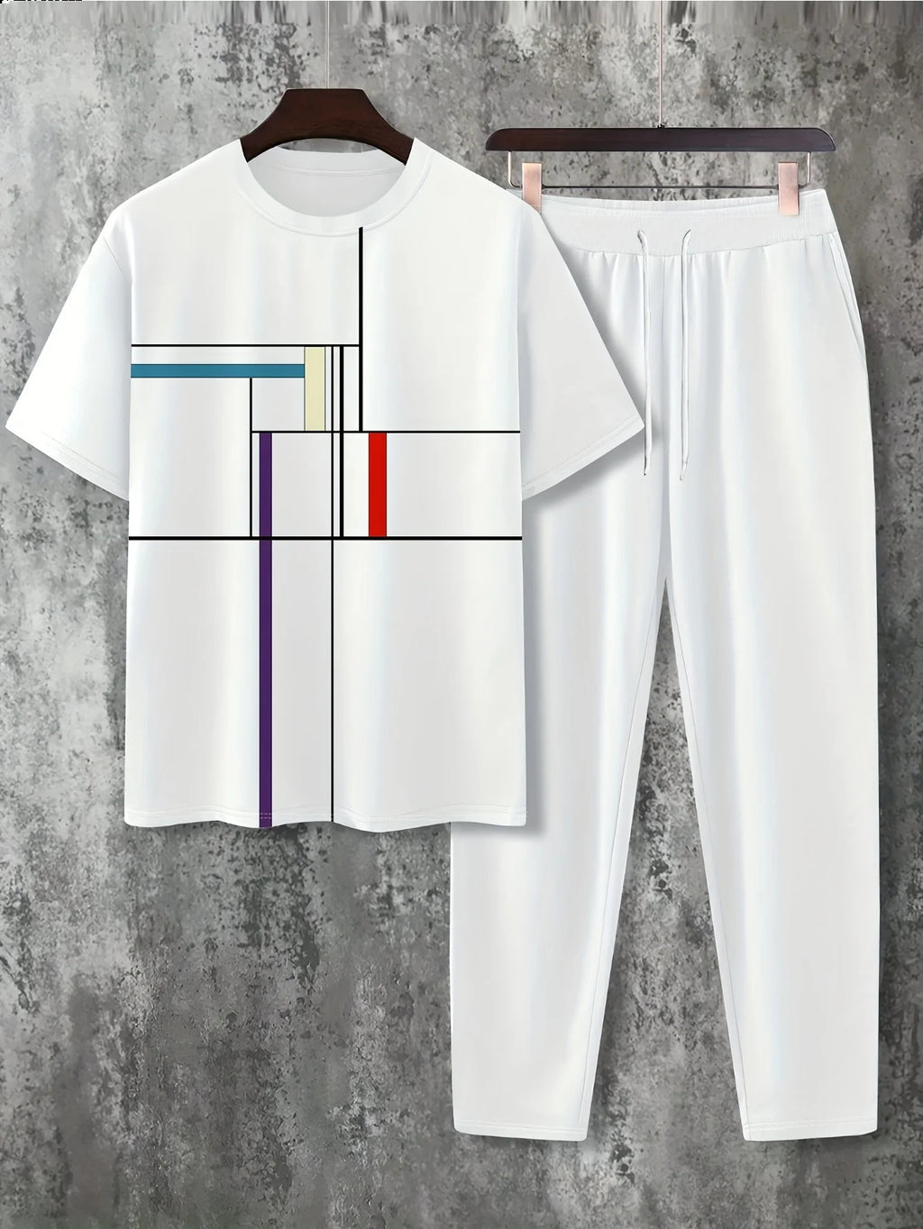 Men's Casual Print Round Neck T-Shirt and Drawstring Pants Set