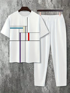 Men's Casual Print Round Neck T-Shirt and Drawstring Pants Set