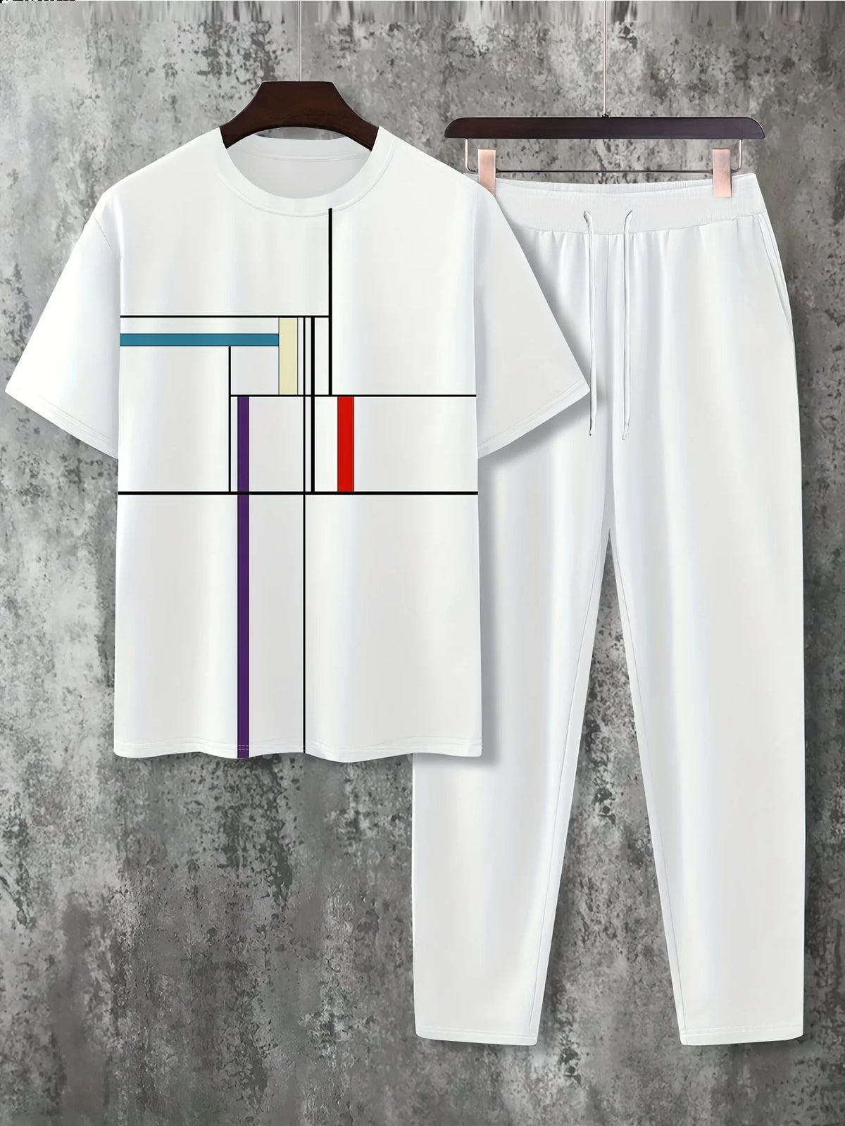 Men's Casual Print Round Neck T-Shirt and Drawstring Pants Set