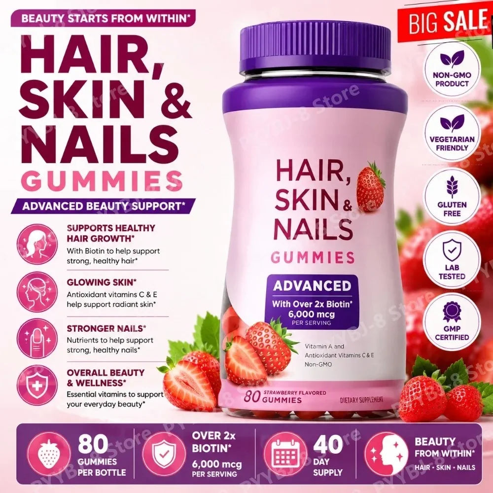 Biotin 6000mcg Strawberry Hair Skin and Nails Gummies 80 Count