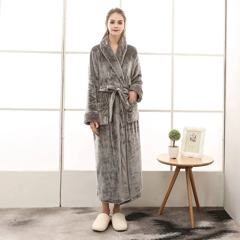 Unisex Thick Coral Fleece Warm Long Kimono Robe