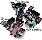 Rolling Makeup Case Cosmetic Travel Trolley with 4 Sliding Trays