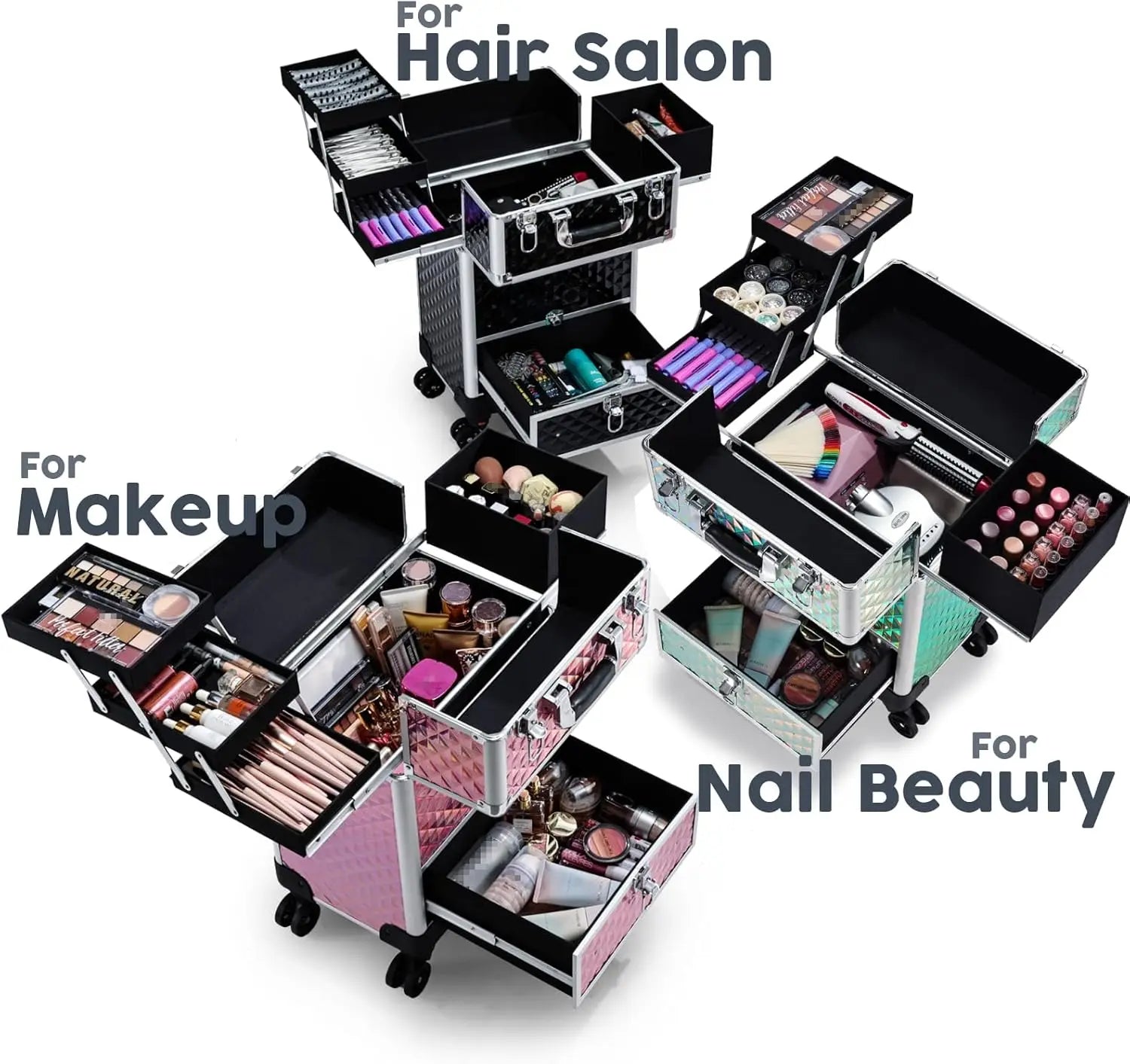 Rolling Makeup Case Cosmetic Travel Trolley with 4 Sliding Trays
